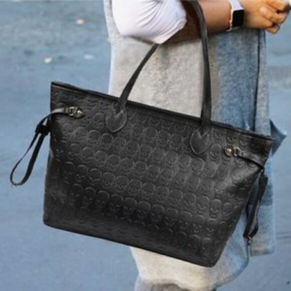 NEW Skull Top Handle Bag With Clutch Set Tote - Picture 2 of 6